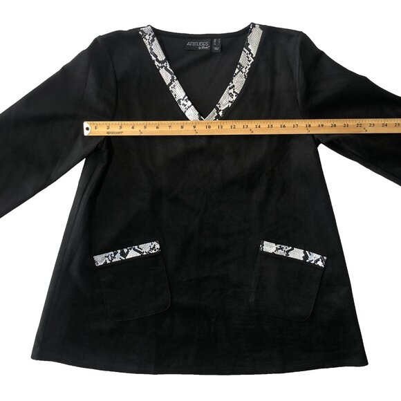 Attitudes by Renee Womens Black M Faux Suede Snake Trim 3/4 Sleeve Loose Top - Picture 3 of 8